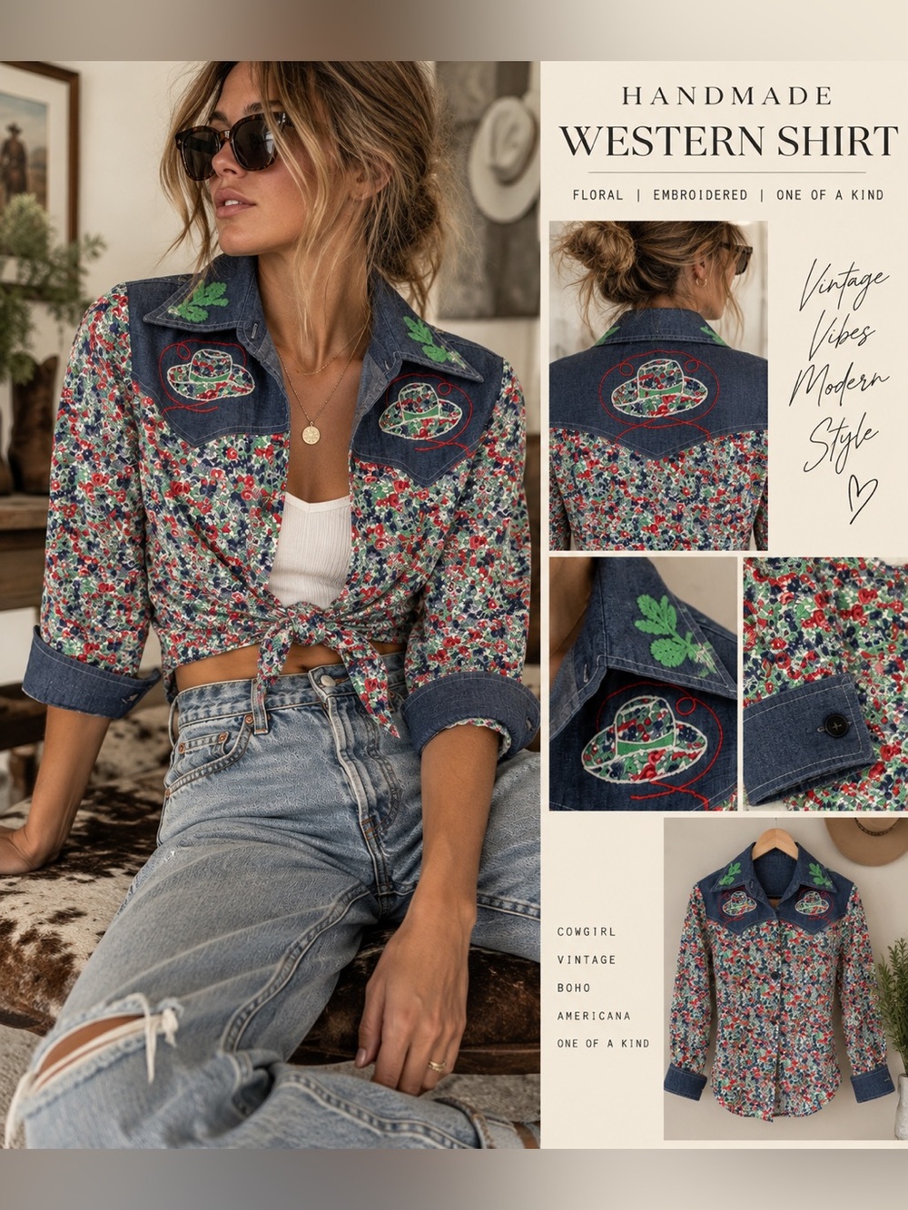 Handmade Western Floral Cotton Button Down XS Embroidered Cowboy Hats
